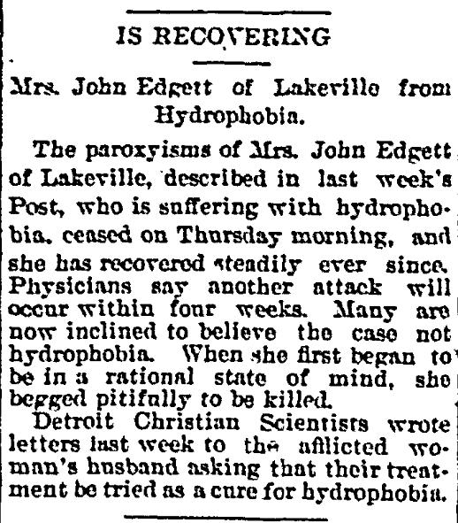 Mrs. John Edgett Suffers From Hydrophobia