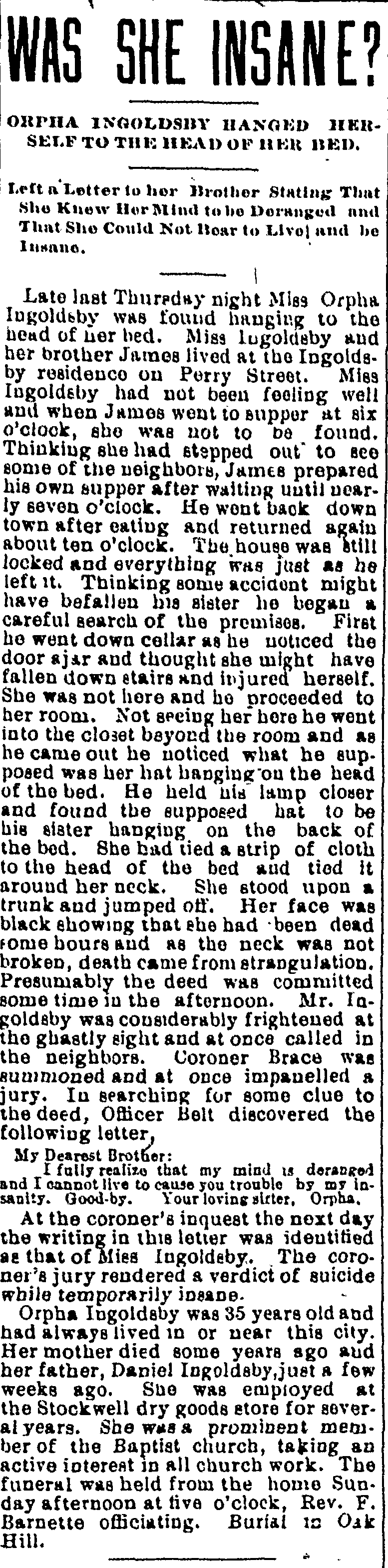 Orpha Ingoldsby Hangs Herself