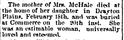 Mother of Mrs. McHale Died